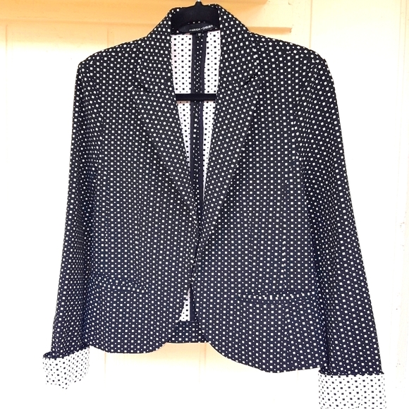 10 AMANDA & CHELSEA Tiny Polka Dot Black White Stretchy Career Blazer Jacket - Picture 2 of 10